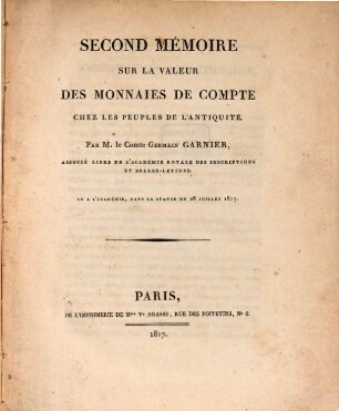 Second mémoire sur la valeur des monnaies de compte chez les peuples de l'antiquité