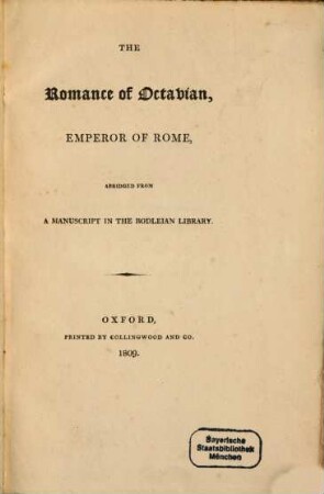 The Romance of Octavian : abrigded from a manuscript in the Bodleian library