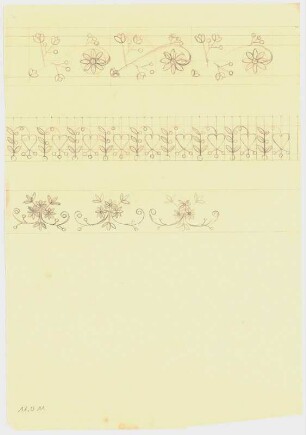 Ornamentstudien : Drei Zeilen friesartige Ornamentstudien mit stilisierten Blüten und Herzen; Privatsammlung G. Kleinhempel