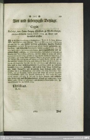 Vier und siebentzigste Beylage. Copia Rescripti, von Herrn Hertzog Christian zu Mecklenburg [et]c. sub dato Schwerin den 28. Octobr. 1659. an Ritter- und Landschaft erlassen