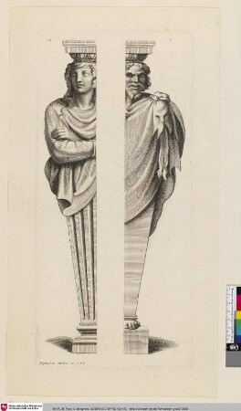[Die Hälfte einer Figur einer Frau mit Trauben auf dem Kopf und die Hälfte einer Figur eines Satyrs; Deux moitiés des termes]