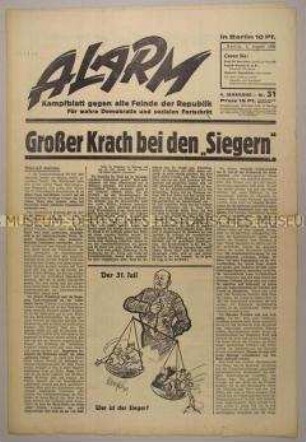 Republikanische Wochenzeitung "Alarm" u.a. zu innerparteilichen Auseinandersetzungen innerhalb der NSDAP nach der Reichstagswahl vom 31. Juli