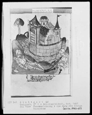 Schachzabelbuch des Konrad von Ammenhausen — Die Burg des Tyrannen Dionysios von Syrakus mit Wachen, Folio 192verso