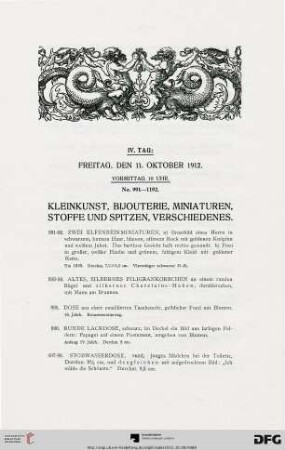 Kleinkunst, Bijouterie, Miniaturen, Stoffe und Spitzen, Verschiedenes (Nr. 991-1192)