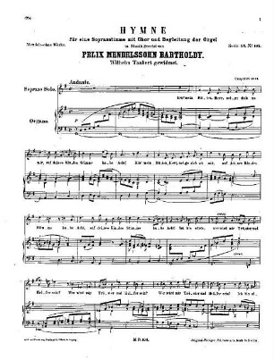 Felix Mendelssohn-Bartholdys Werke, 14,B,103. Nr. 103, Hymne : für e. Sopranstimme mit Chor u. Begleitung der Orgel. - 10 S. - Pl.-Nr. M.B.103