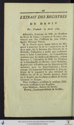 Extrait Des Registres Du Droit.