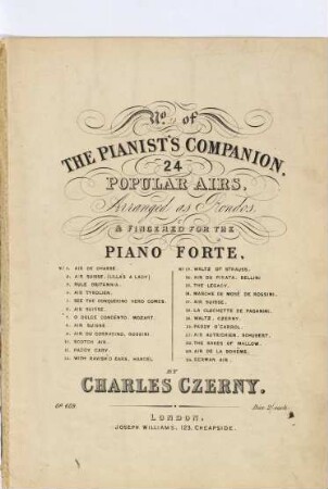 The pianist's companion : 24 popular airs : arranged as rondos & fingered for the piano forte : op. 609, No. 23. Air de La Bohème