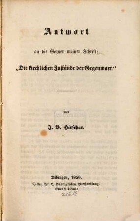 Antwort an die Gegner meiner Schrift: "Die kirchlichen Zustände der Gegenwart"