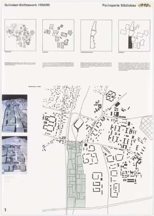 Städtebaulicher Entwurf für den Ausbau des Ortszentrums Berlin-Buch Schinkelwettbewerb 1999: Lageplan 1:5000, schematische Lagepläne, Modellfotos