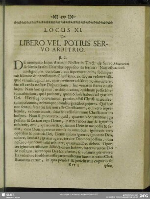 Locus XI. De Libero Vel Potius Servo Arbitrio