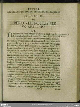 Locus XI. De Libero Vel Potius Servo Arbitrio