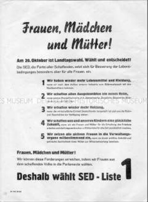 Aufruf der SED zur gleichberechtigten Wahl von Frauen bei der Landtagswahl 1946; Wahlforderungen; Aufruf zur Wahl der Liste der SED