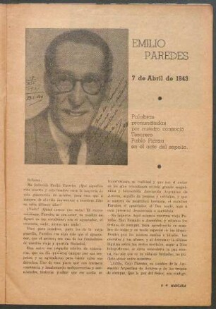 [Fotografía de] Emilio Paredes : 7 de Abril de 1943 - Palabras pronunciadas por nuestro consocio Tesorero Pablo Piazza en la acto del sepelio.