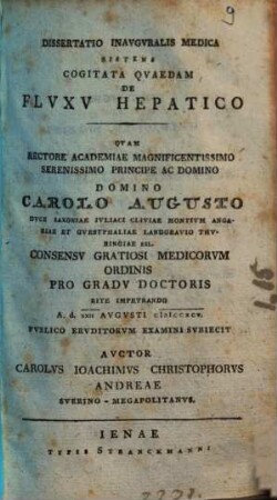 Dissertatio Inauguralis Medica Sistens Cogitata Quaedam De Fluxu Hepatico