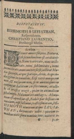 Disputatio IV. De Behemoth & Leviathan