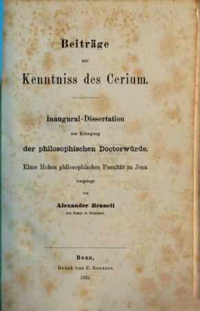 Beiträge zur Kenntniss des Cerium : Inaug. Diss. d. Univ. Jena