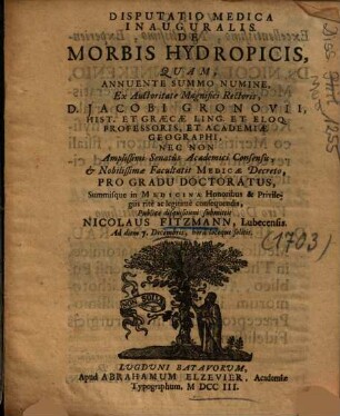 Disputatio Medica Inauguralis De Morbis Hydropicis
