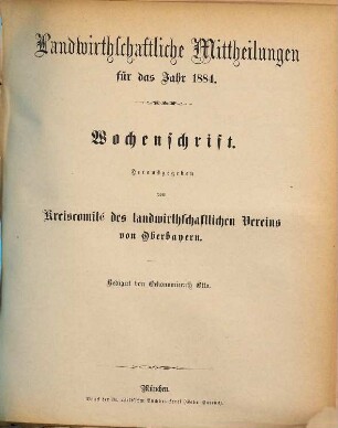 Landwirthschaftliche Mittheilungen : für das Jahr ... ; Wochenschrift. 19. 1884