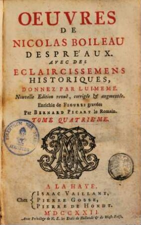 Oeuvres de N. Boileau Despréaux : avec des eclaircissemens historiques, donnez par lui-meme, 4