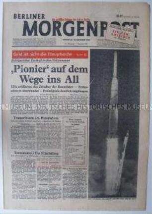 Tageszeitung "Berliner Morgenpost" zum Start der US-amerikanischen Mondrakete "Pioneer"