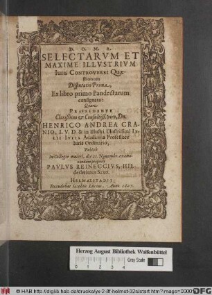 Selectarum Et Maxime Illustrium Iuris Controversi Quaestionum Disputatio Prima : Ex libro primo Pandectarum consignata