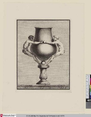 [Vase auf hohem, mit Akanthus verziertem Fuß, auf welchem zwei Faunfiguren als Henkel stehen]