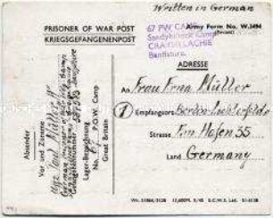 Vordruckpostkarte aus einem britischen Kriegsgefangenenlager - Personenkonvolut