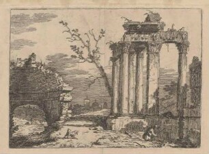 Italienische Idealveduten, VII: Capriccio mit einer römischen Tempelruine und Ruinen eines Kuppelbaus