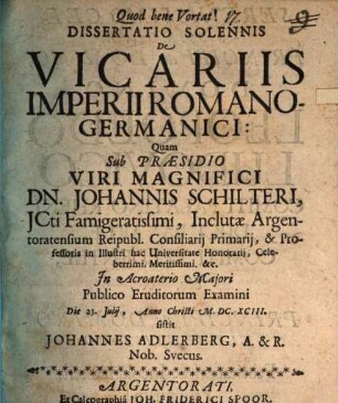 Dissertatio solennis de vicariis Imperii Romano-Germanici