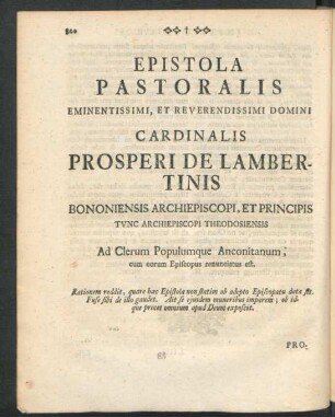 Epistola Pastoralis Eminentissimi, Et Reverendissimi Domini Cardinali Prosperi De Lambertinis ..