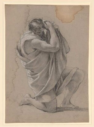 Vouet, Simon: Zeichnungen II, Blatt 172: Kniende männliche Figur, die sich den Gewandsaum vor ihr Gesicht hält - BSB Cod.icon. 397 b(172