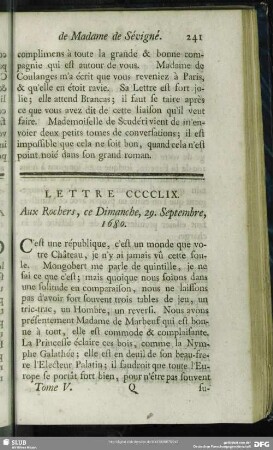 Lettre CCCCLIX. Aux Rochers, ce Dimanche, 29. Septembre, 1680