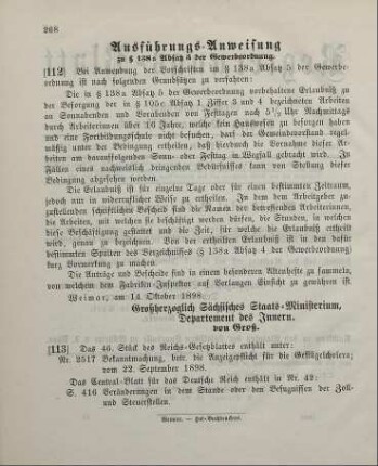 112. Ausführungs-Anweisung zu §138a Absatz 5 der Gewerbeordnung