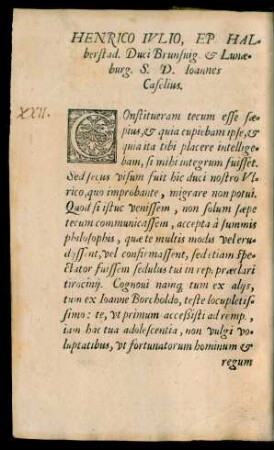 Henrico Iulio, Ep Halberstad. Duci Brunsvig. et Lunaeburg. S. D. Ioannes Caselius.