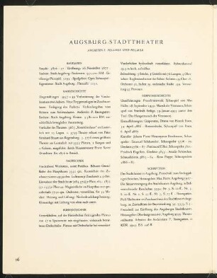Satzspiegelvariante für das Handbuch "Das Deutsche Theater" für Stadttheater Augsburg und Schillertheater Berlin: Baudaten, Längsschnitt und Grundriss, mehrseitiges Dokument