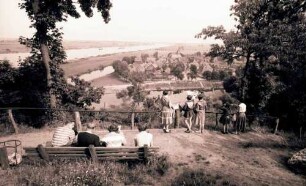 Hitzacker: Blick vom Weinberg auf Elbe und Ort, mit Bank im Vordergrund