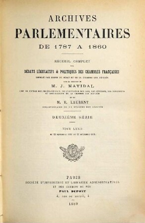 Archives parlementaires. 2.Serie : 1800 - 1860 : de 1787 à 1860 ; recueil complet des débats législatifs et politiques des Chambres Françaises. 72. 1831. 23 nov. - 22 déc. (1889)