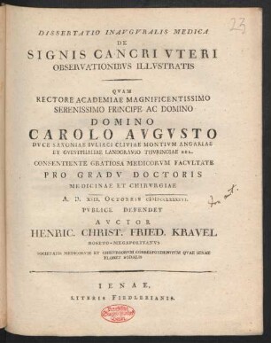 Dissertatio Inauguralis Medica De Signis Cancri Uteri Observationibus Illustratis
