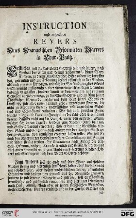 Instruction und respectivè Revers Eines Evangelischen Reformirten Pfarrers in Chur-Pfaltz