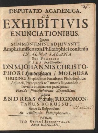 Disputatio Academica De Exhibitivis Enunciationibus