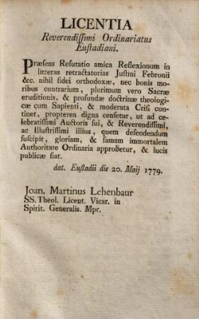 Refutatio Amica Reflexionum In Litteras Retractatorias Justini Febronii