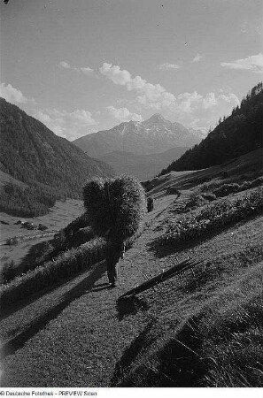 Mann mit Heuballen auf dem Rücken in einem Tal der Ötztaler Alpen