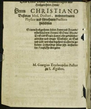 [...] Hochgelahrten Herrn/ Herrn Christiano Bußman [...]