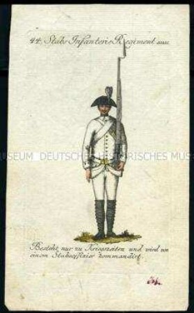 Uniformdarstellung, Gemeiner des Stabs-Infanterie-Regiments, Österreich, 1796. Tafel aus: Geschichte und bildliche Vorstellung der Regimenter des Erzhauses Österreich.