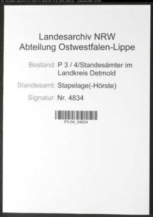 Sterberegister Standesamt Stapelage(-Hörste)