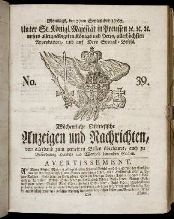 No. 39. Montags, den 27ten September 1762.