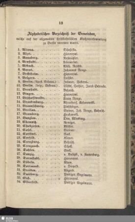 Alphabetisches Verzeichniß der Gemeinden, welche auf der allgemeinen christkatholischen Kirchenversammlung zu Berlin vertreten waren