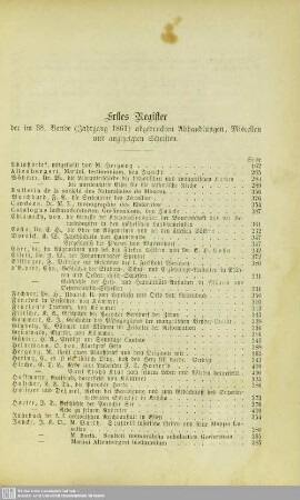 Erstes Register der im 38. Bande (Jahrgang 1861) abgedruckten Abhandlungen, Miscellen und angezeigten Schriften