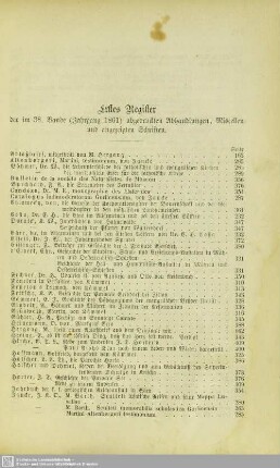 Erstes Register der im 38. Bande (Jahrgang 1861) abgedruckten Abhandlungen, Miscellen und angezeigten Schriften