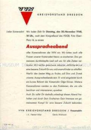 Einladung des VVN-Kreisvorstandes (Frauenaktiv) zu einem Ausspracheabend